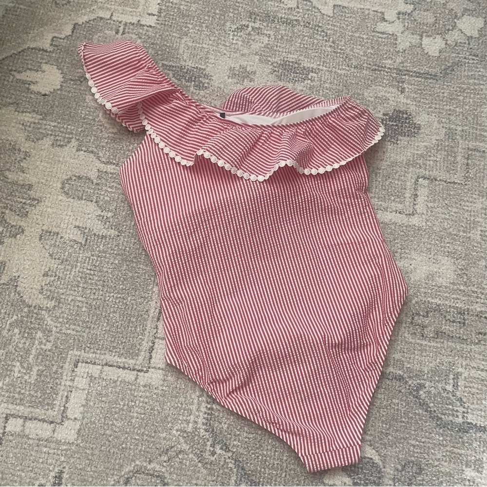 J. CREW Swimsuit One-shoulder Ruffle One-Piece in Seersucker Size 14 - Picture 10 of 14